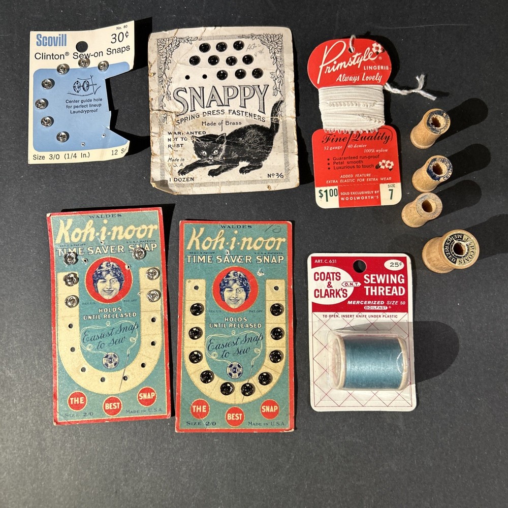 Vintage Sewing Lot - snaps, spools, thread elastic etc.
