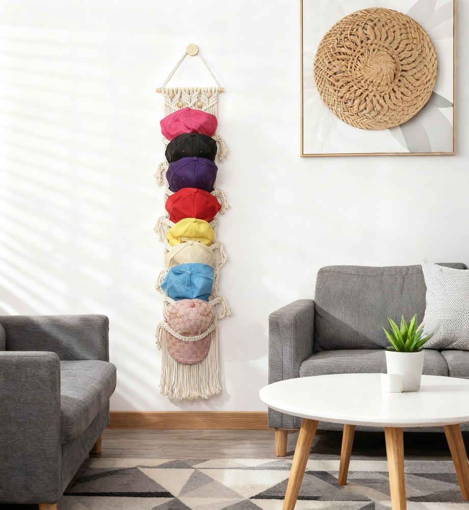 8-Tier Macrame Baseball Cap Organizer With Boho Hooks—Handwoven Boho Cap Hold...