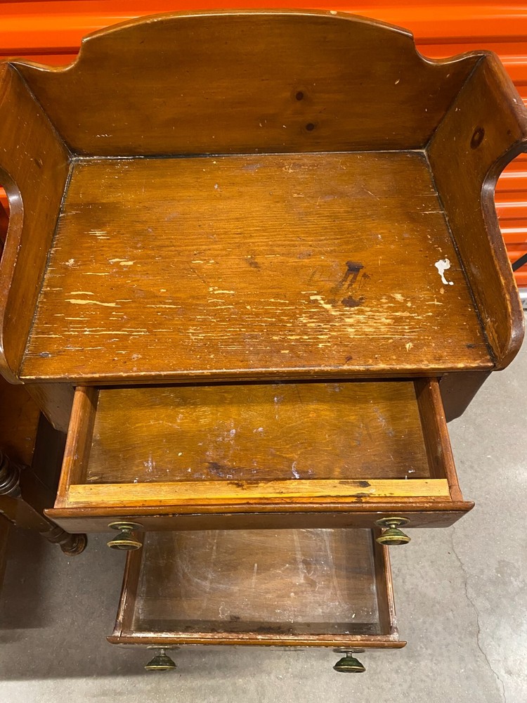 Vintage Solid Wood Nightstands / Side Tables Turned Legs w/Brass Pulls