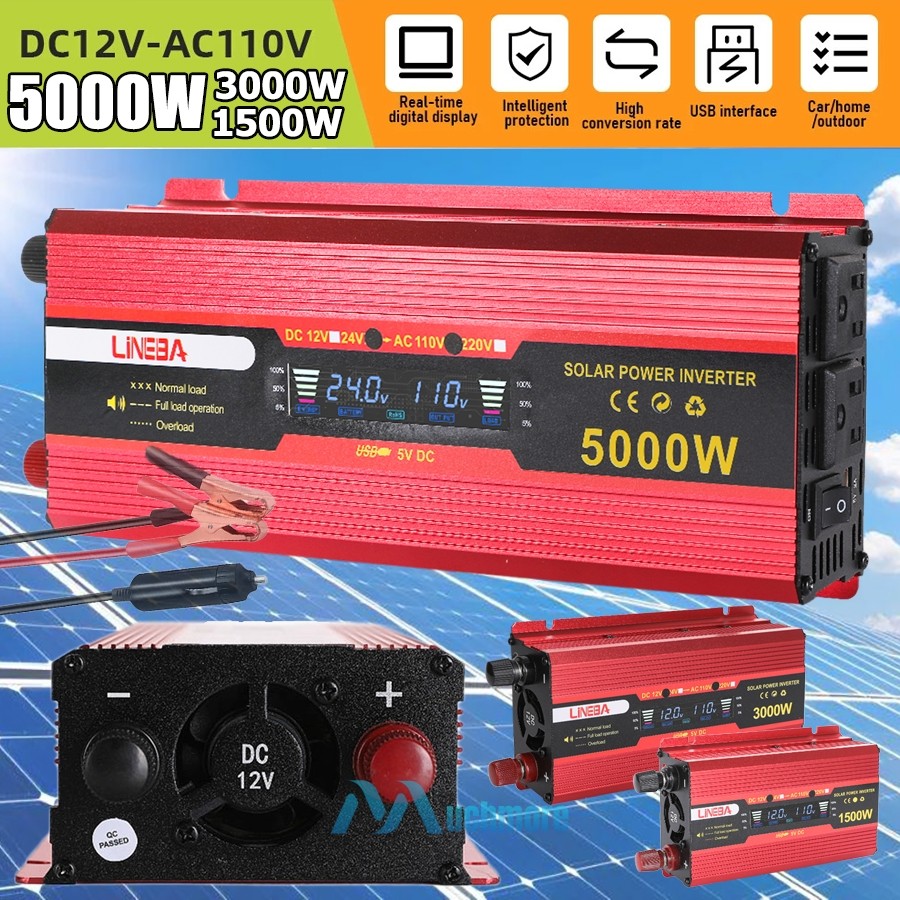 Inversores de corriente para coche DC 12V a AC 110V LCD USB 5000W 3000W 1500W