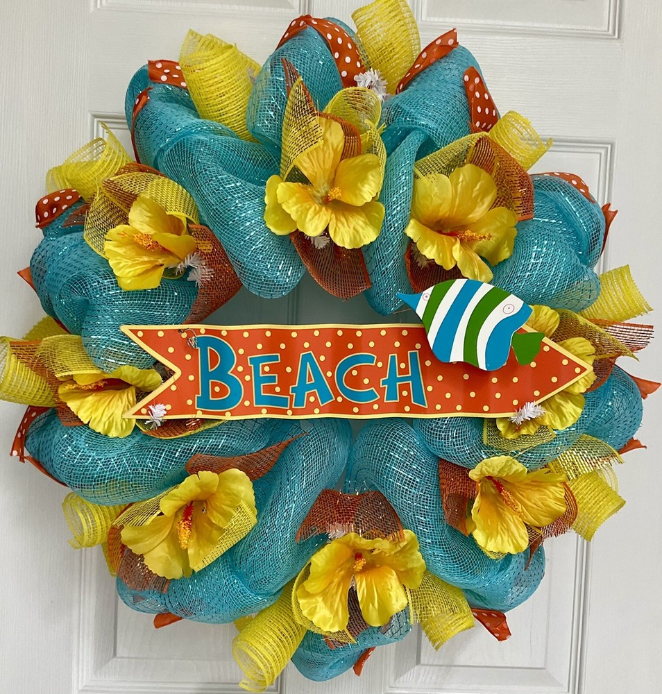 Summer Beach Arrow With Fish Handmade Deco Mesh Wreath