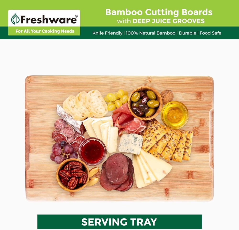 Multi-Functional Bamboo Chopping Board Set with Easy Grip Handle & Juice Grooves