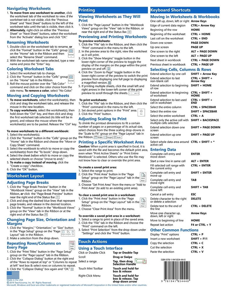Excel 2019 Training Guide Quick Reference Card 4 Page Cheat Sheet Instructions