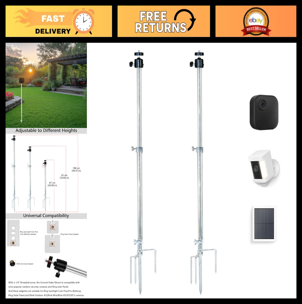 2 Pack Adjustable Camera Ground Stake Mount for Security Cameras, 26.3-39.3In He