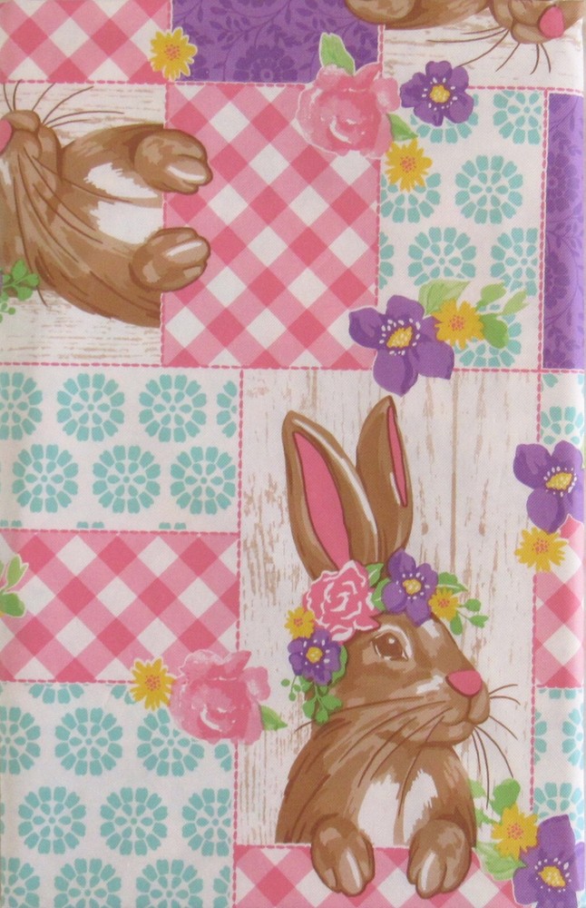 Easter Bunny Floral Patchwork Vinyl Flannel Back Tablecloth Var Size