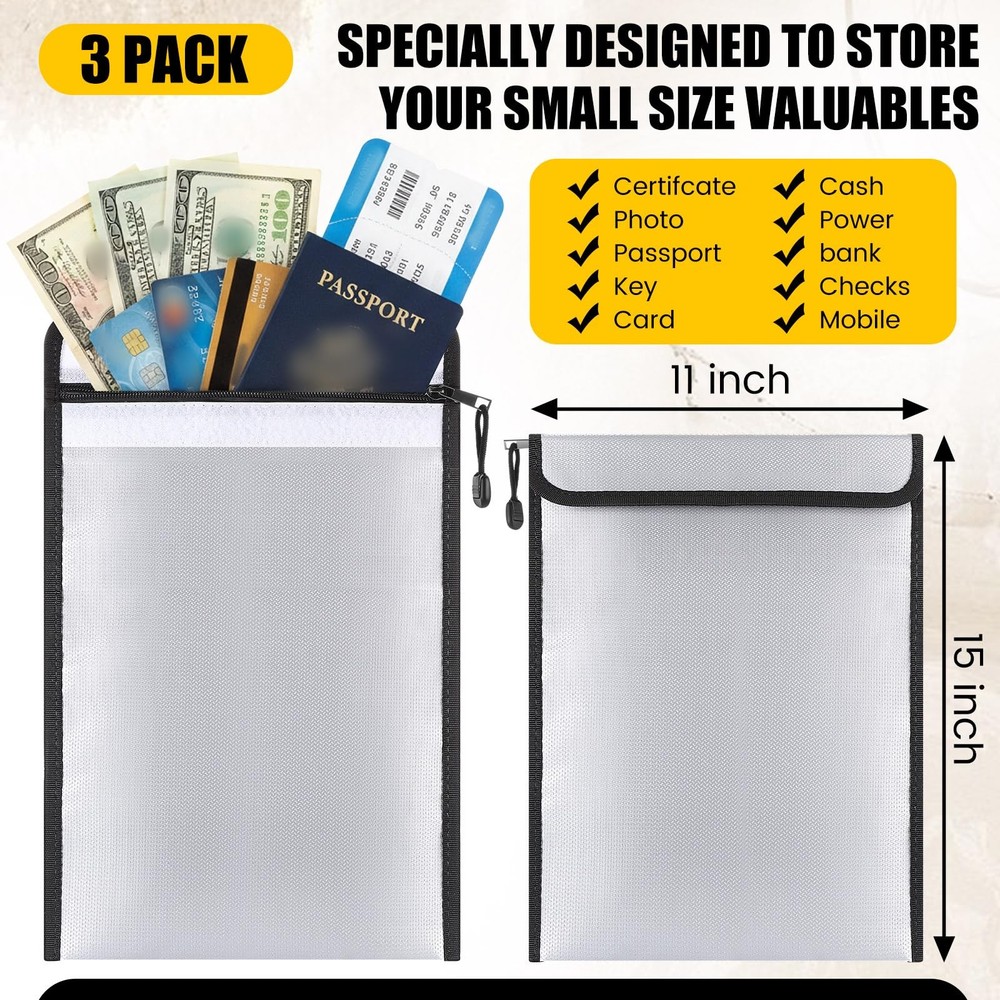 Relaxweex 3 Pack Fireproof Waterproof Document Bag (2000℉) Fire Proof Money B...
