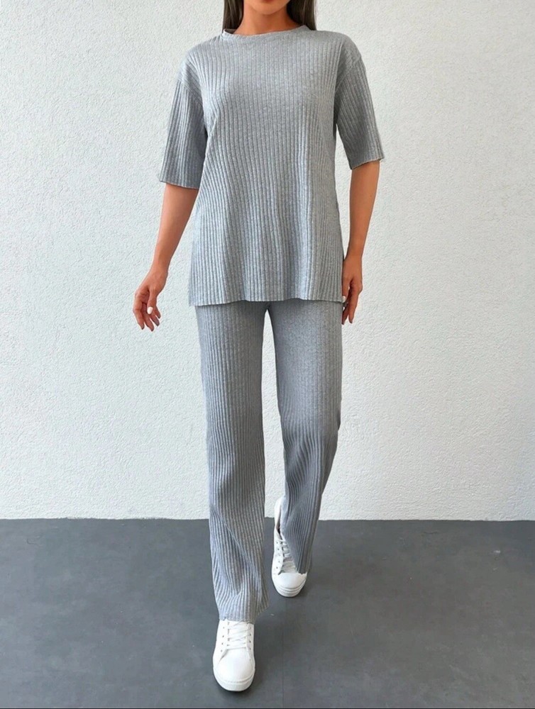 Drop Shoulder Rib-Knit Tee and Trousers Set