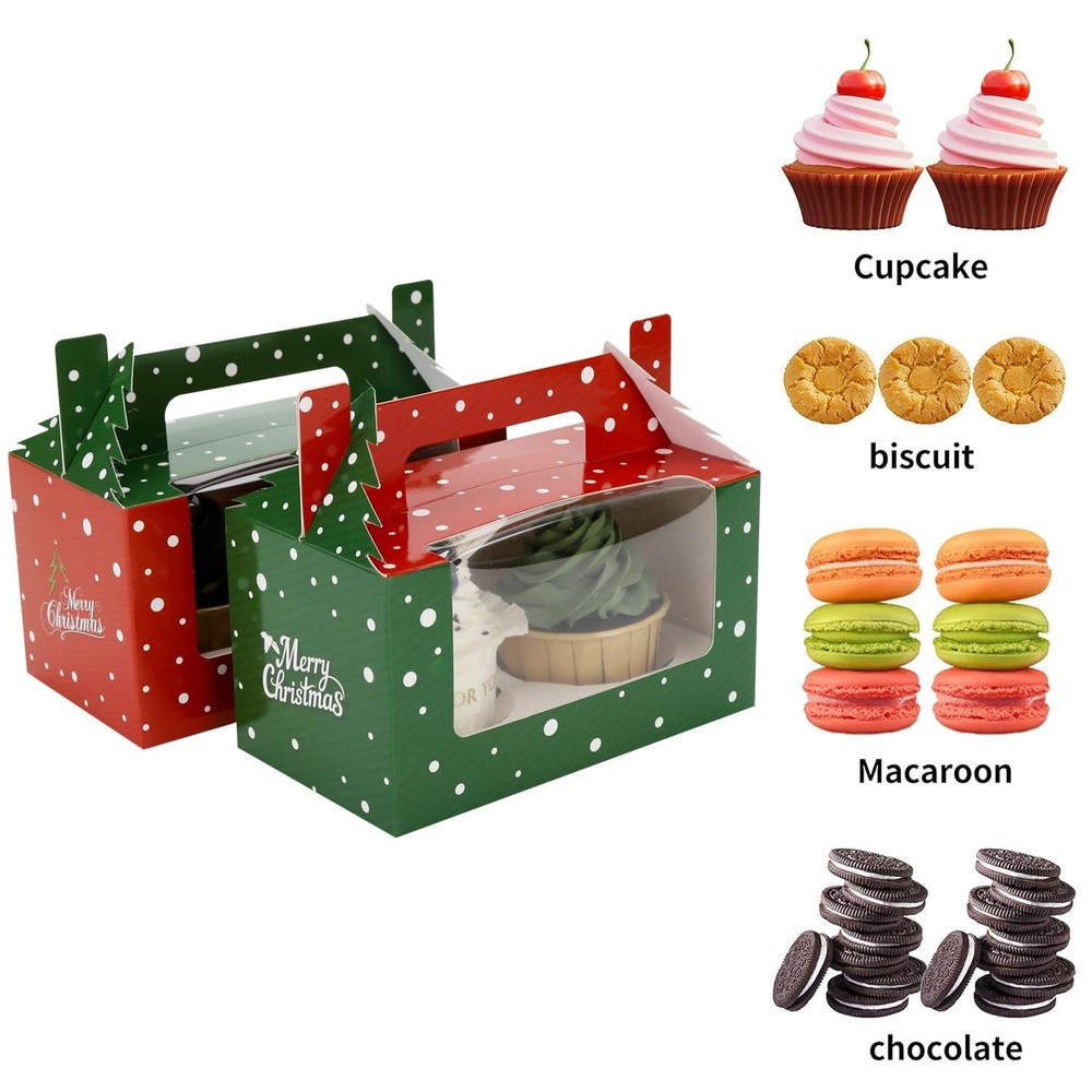 15 Pcs Christmas Cupcake Boxes with Window,Insert and Handle Holds 2 Standard...