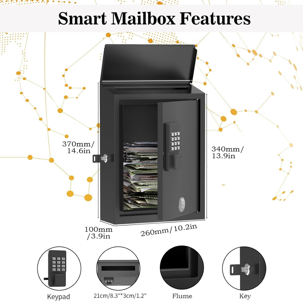 Secure Wall-Mount Mailbox with Electronic Lock - Large Capacity, Black