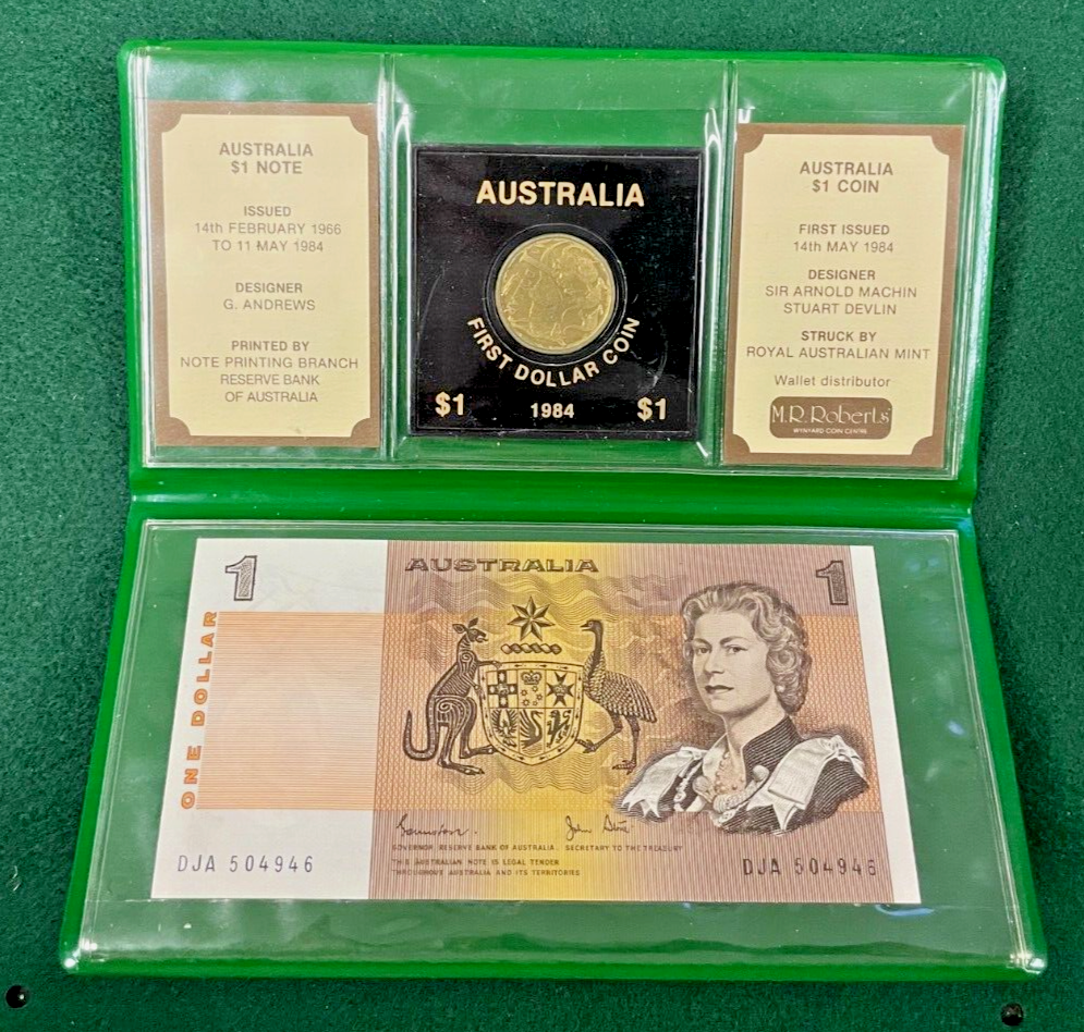 AUSTRALIA LAST ONE DOLLAR NOTE & FIRST ONE DOLLAR COIN in GOLD IMPRINTED WALLET