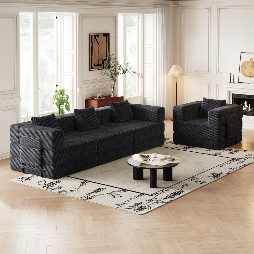 4-Seat Foldable Sofa Bed w/ Storage Pockets & Cushions, Black Fabric