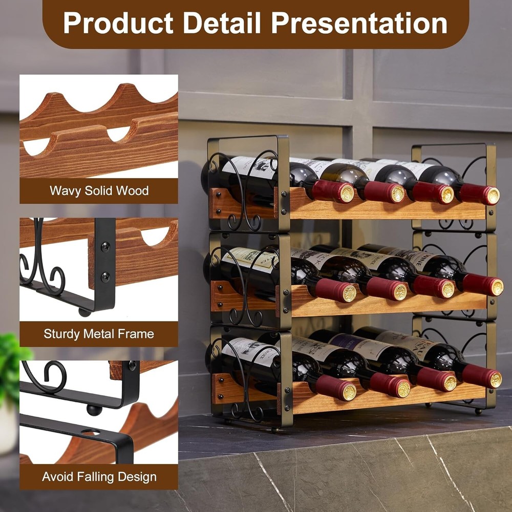 Innovative Stackable Wine Rack for 12 Bottles - Easy Assembly, Black Finish