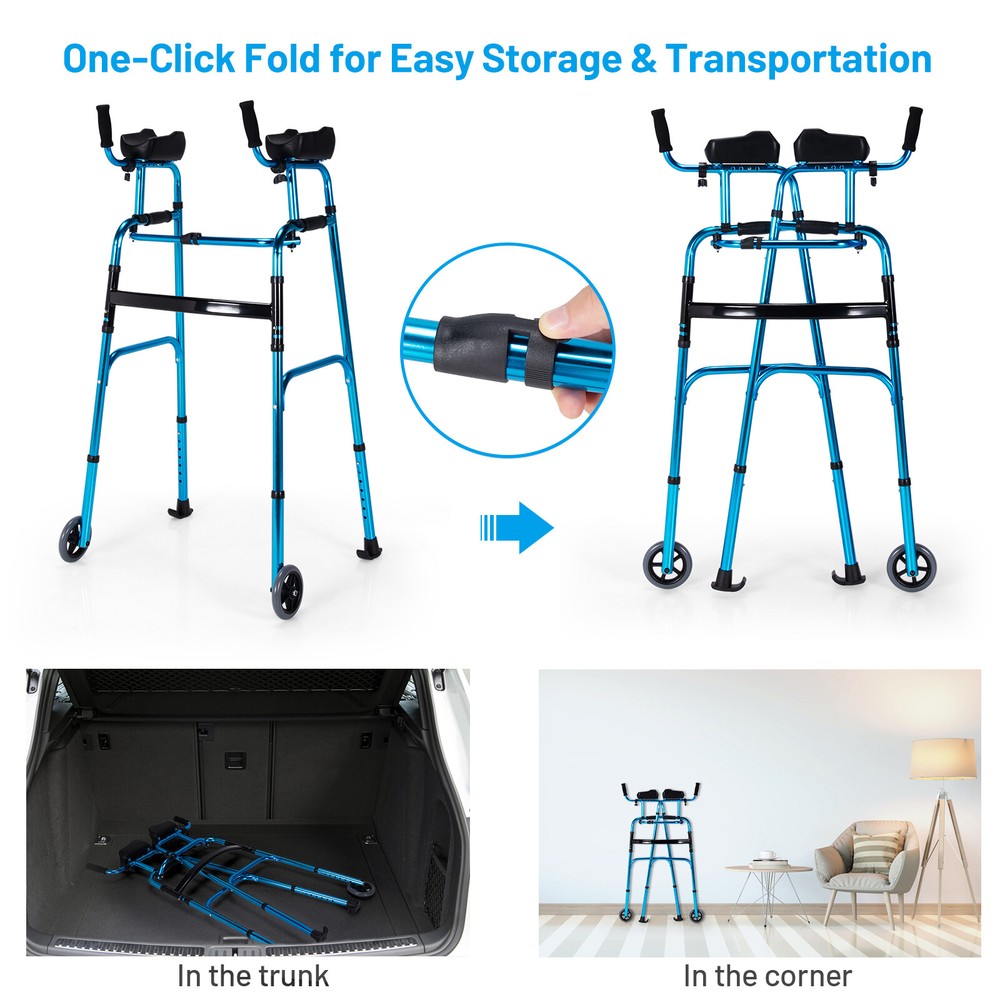 Folding Wheel Walking Frame Adjustable Aluminum Alloy Walker W/Armrest Support