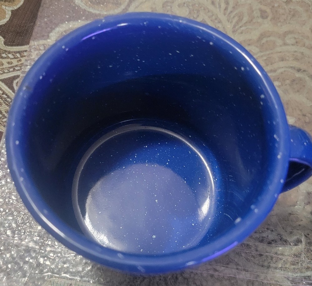 Blue Speckled Enamelware Small Creamer Pitcher & Coffee Cup Mug
