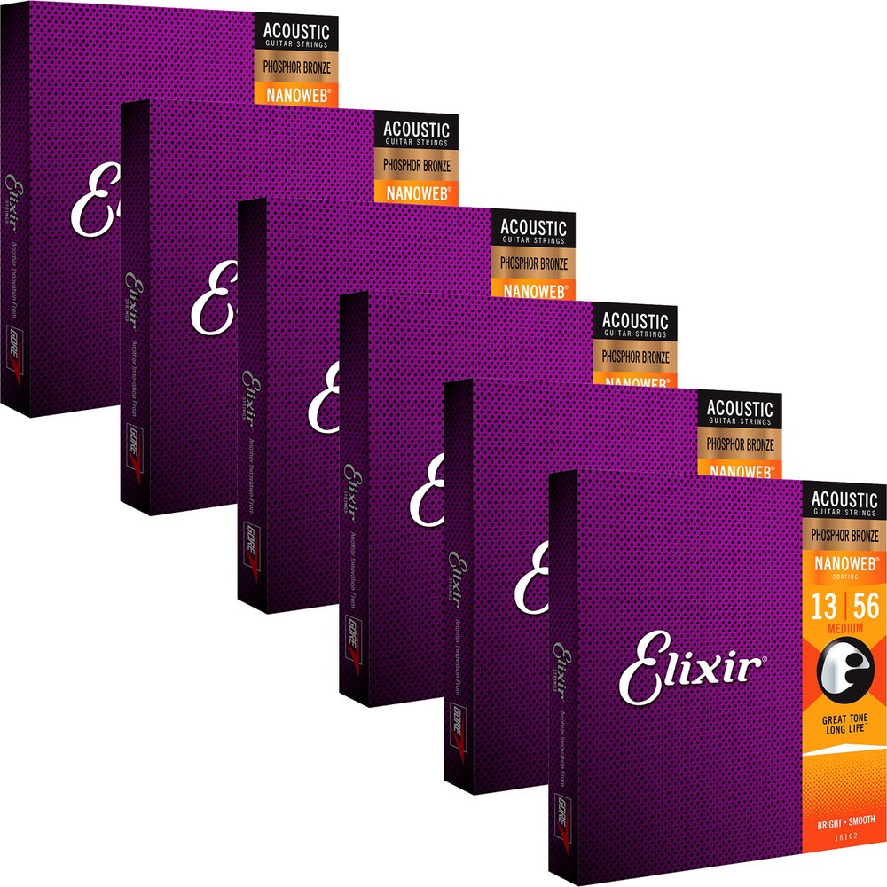 6 Sets Elixir 16102 NANOWEB Phosphor Bronze Medium Acoustic Guitar Strings 13-56
