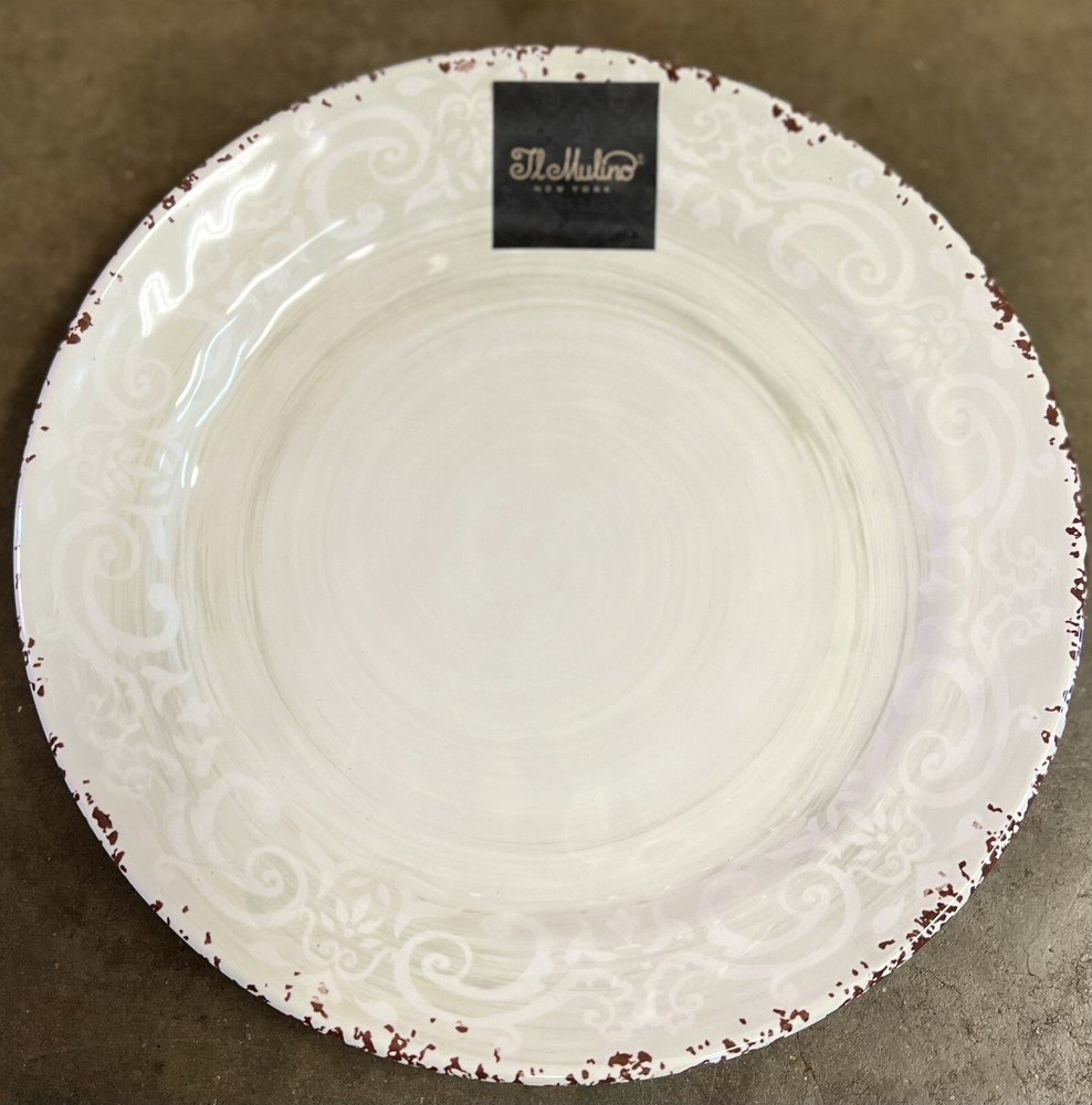 Il Mulino Bone White Rustic Medallion Scroll Print MELAMINE Side Plates Set 4