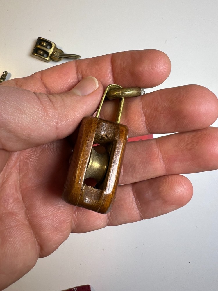 Small Tiny Antique Nautical Rope Blocks & Brass Shackles Wood & Rigging Pulley