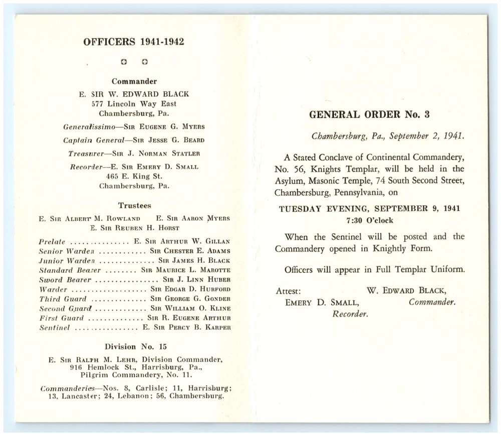 1941 Knights Templar 56 Continental Commandery
