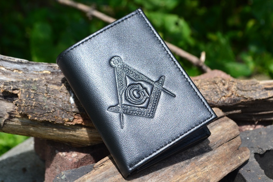 Masonic Black Leather Tri-Fold Wallet - RFID Protected - Square and Compasses