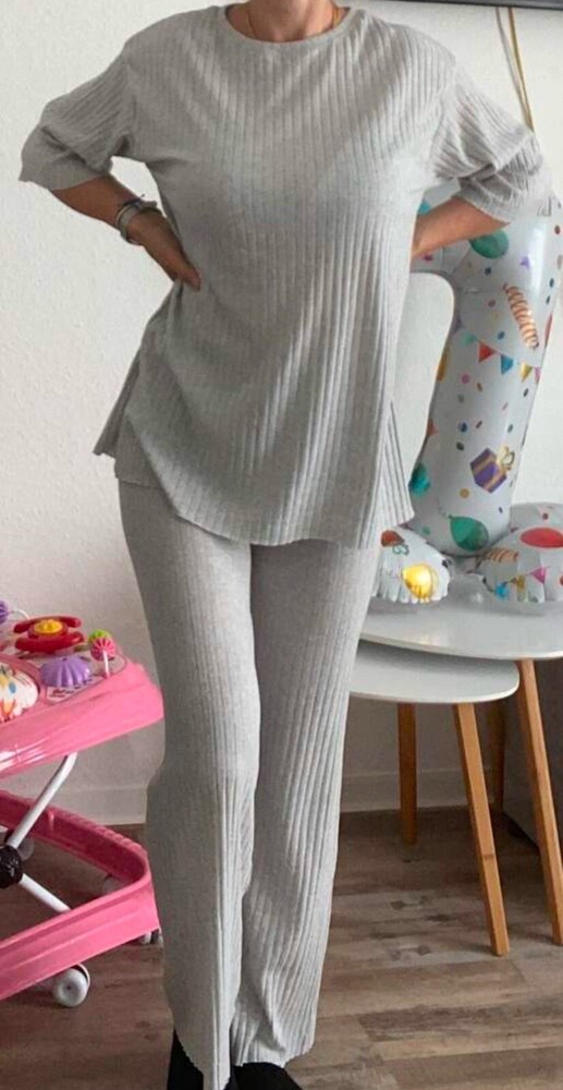 Drop Shoulder Rib-Knit Tee and Trousers Set