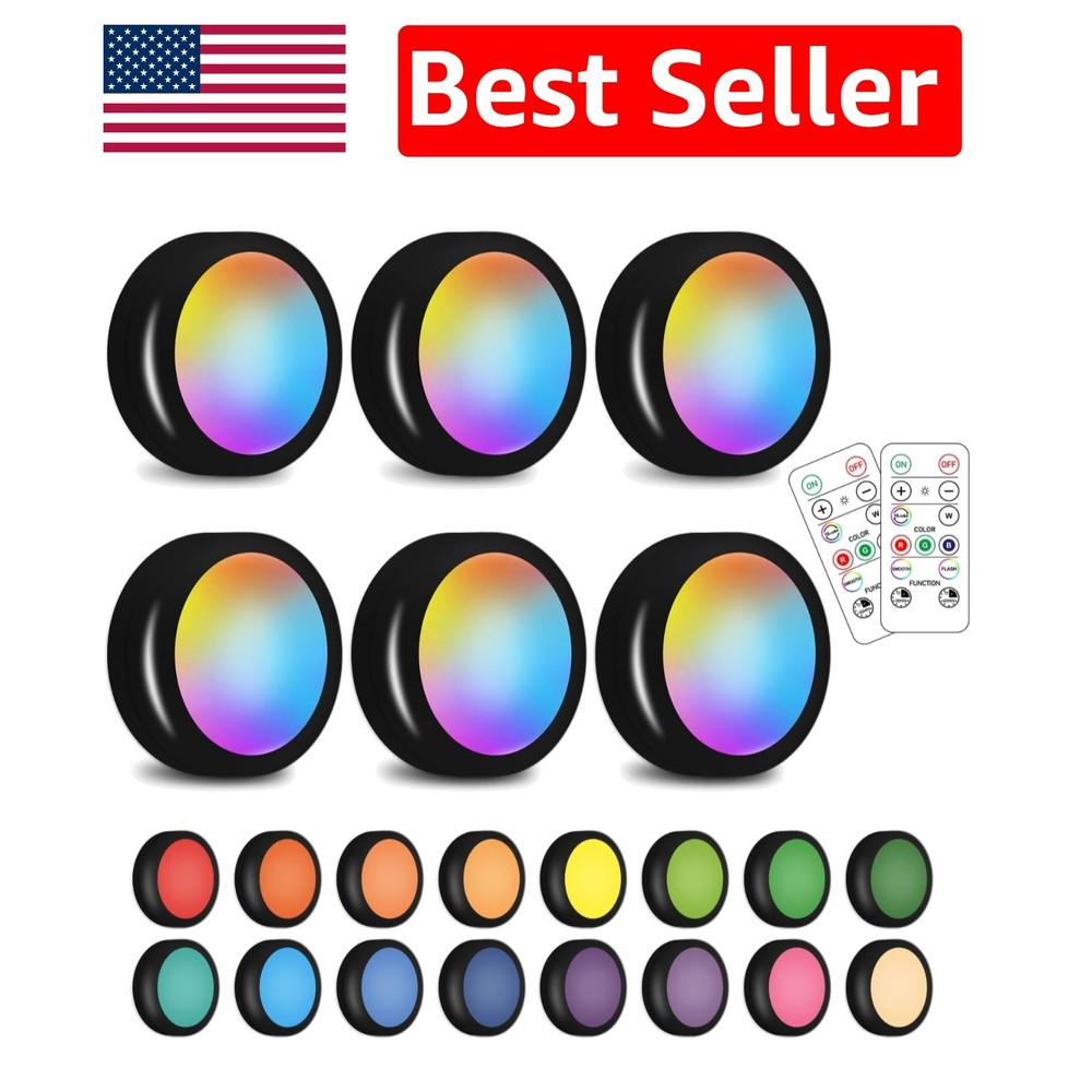 Multicolor LED Puck Lights - 6 Pack with Dimmable Functions & Adhesive Mounting