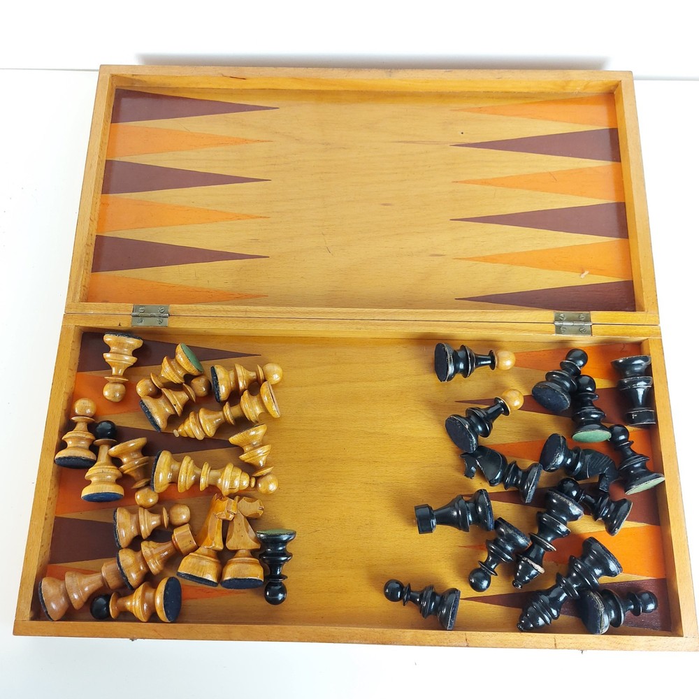 Vintage Romanian Chess Set with large foldable storage board c.1960s