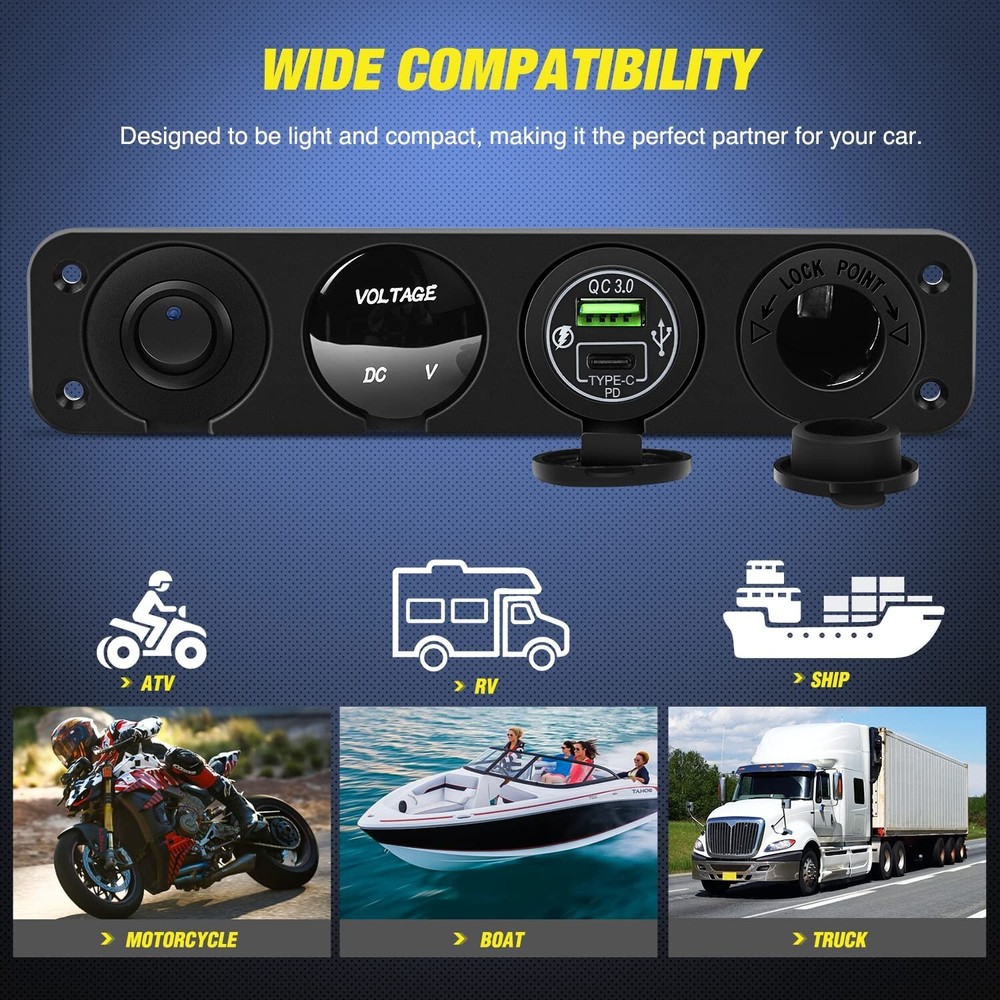 Nilight 4 in 1 ON/Off Charger Socket Panel PD Type C and QC 3.0 USB Socket Power