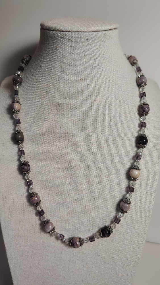 20" Handcrafted White And Purple Beaded Necklace