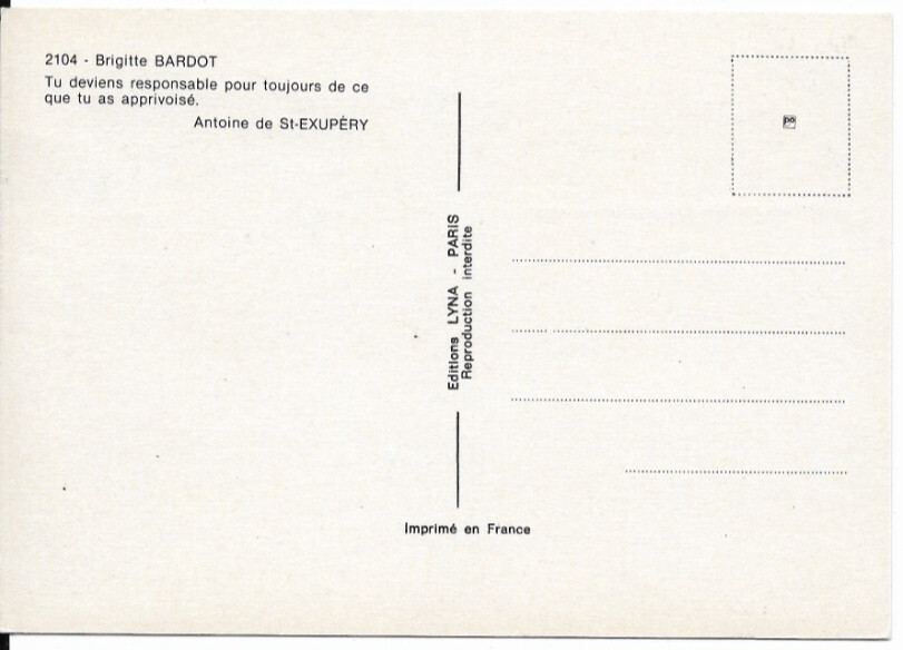 BRIGITTE BARDOT (singer, actress, model) autographed postcard
