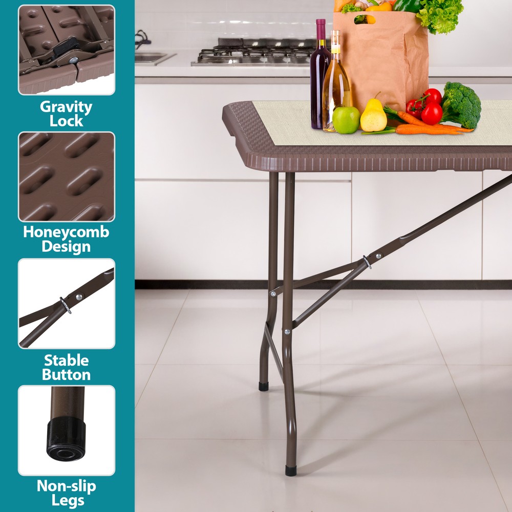 6FT Plastic Folding Table - Folds in Half w/ Carrying Handle Rectangular Brown