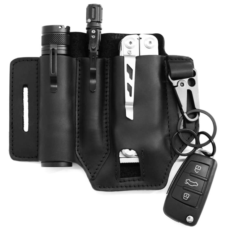 EDC Leather Belt Sheath Organizer For Folded Knives Tactical Flashlights EBS