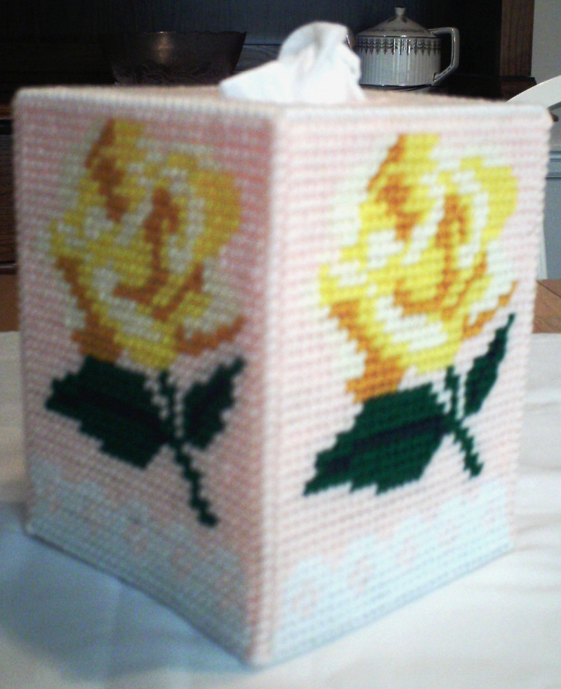 "Yellow Rose" Tissue Box Cover (Plastic & Yarn) Finished