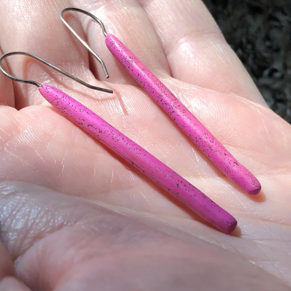 Unique dangle earrings speckled fuchsia polymer clay?
