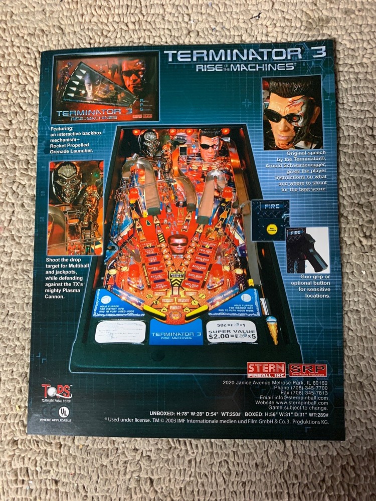 original ad  11-8 1/4” Terminator 3 Stern Pinball  ARCADE GAME FLYER