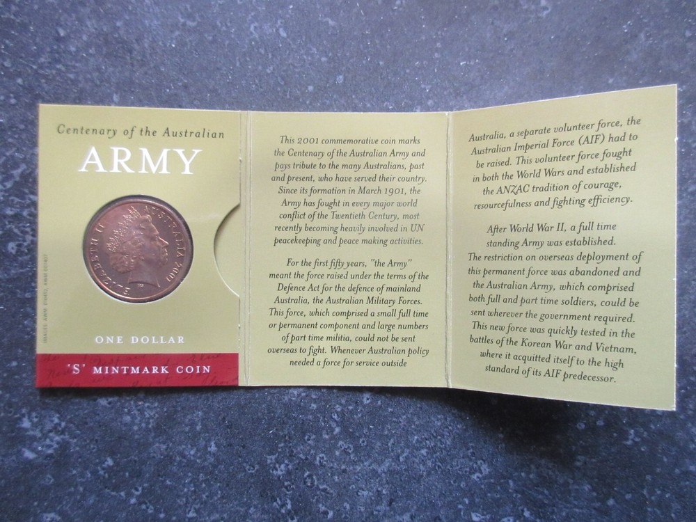 2001 Australia Commemorative Dollar in Folder ARMY S Mintmark