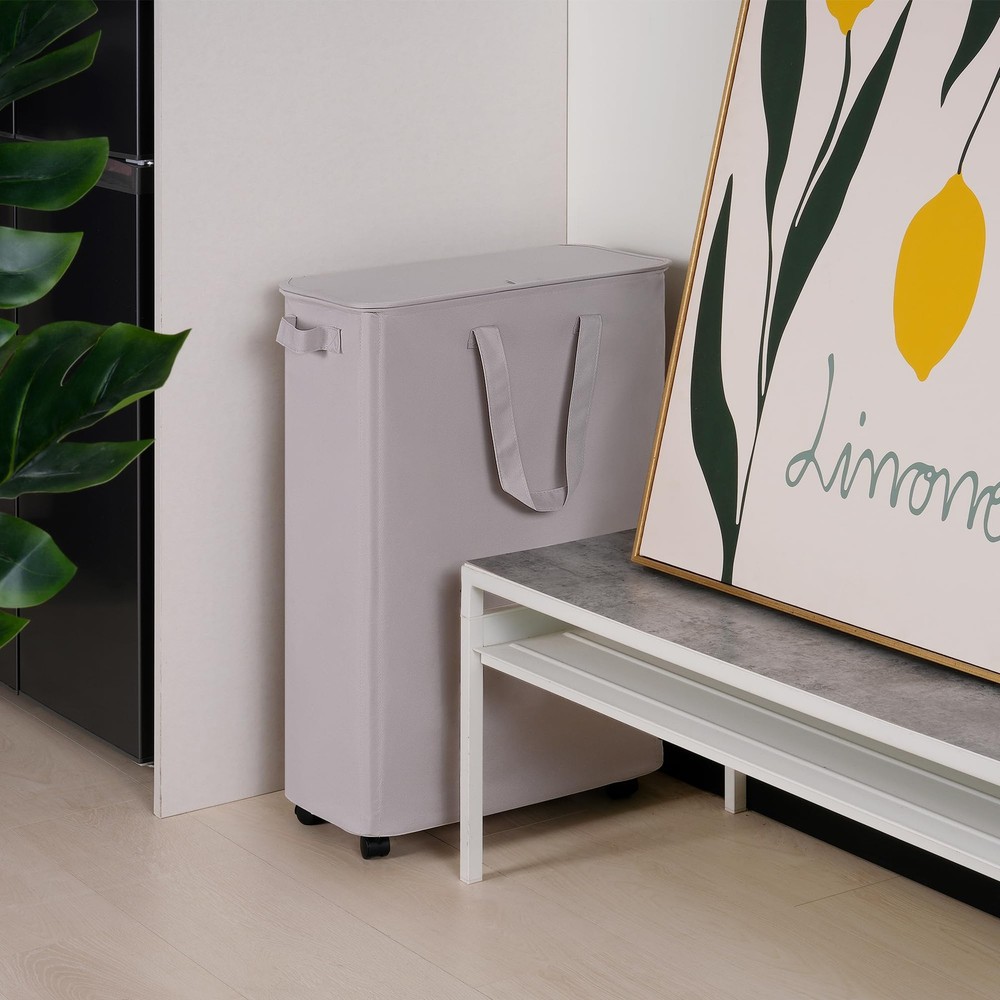 Slim Laundry Hamper with Lid and Wheels Small Rolling Laundry Basket with Han...