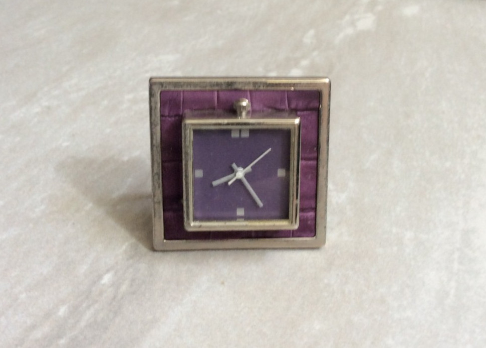 Quartz Table Clock (Miniature) Purple & Silver Square Case Purple Square Dial!