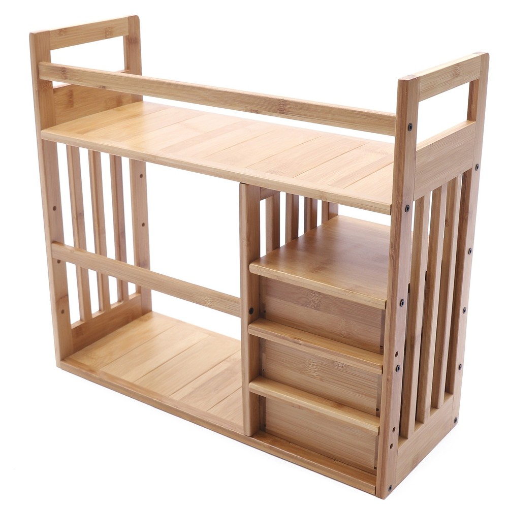 Bamboo Desktop Bookshelf Organizer, Adjustable Office Desk Storage Shelf Rack