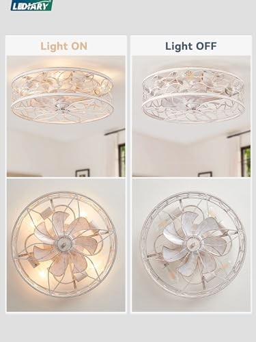 Caged Ceiling Fans with Lights, White Flush Mount Ceiling Medium White Gold