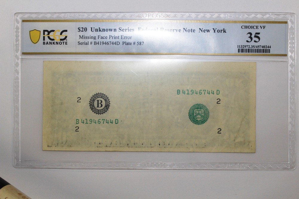 $20.00 Federal Reserve Note Missing Second Print Error Choice VF35 (B41946744D)