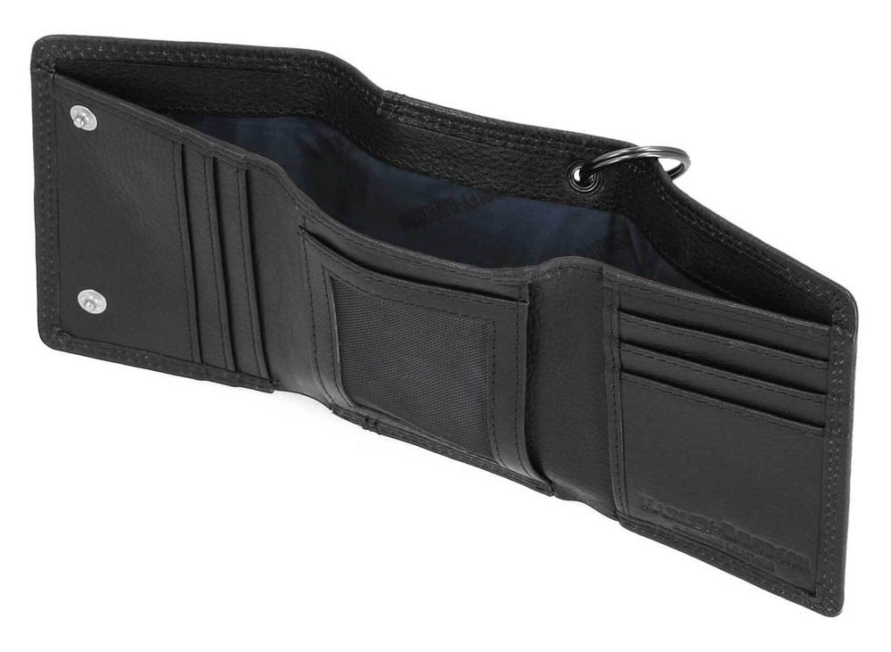 Harley-Davidson Men's Embossed Eagle Tri-Fold Snap Chain RFID Wallet, Black
