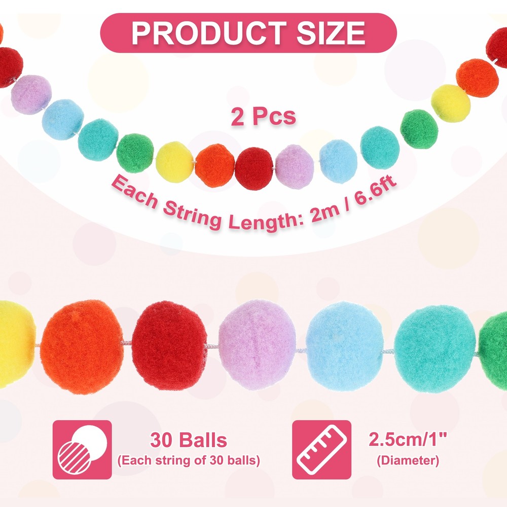 2Pcs 13Ft Pom Pom Garland Decorations, Multicolor