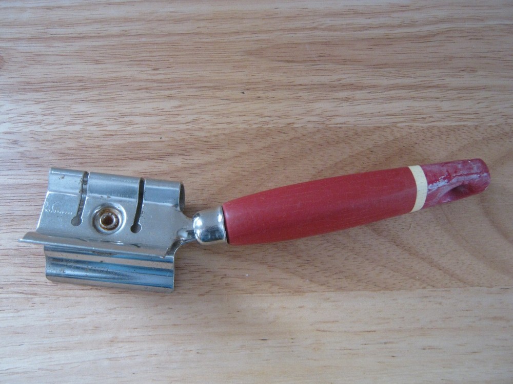 Vintage EKCO A&J Pull-Through Kitchen Knife Sharpener with Red Wooden Handle