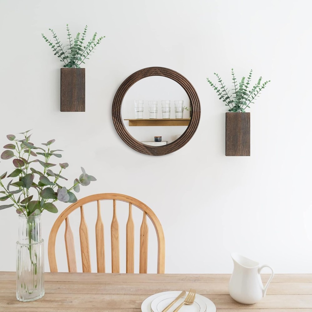 Round Mirror, Farmhouse Decor Solid Wood Frame Wall Circle Mirror, Decorative...