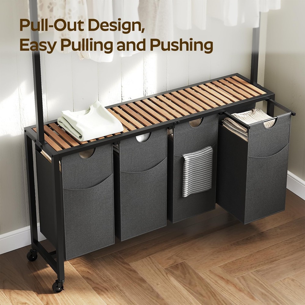 Laundry Sorter 4 Section, Rolling Laundry Hamper with Hanging Rack, Laundry S...