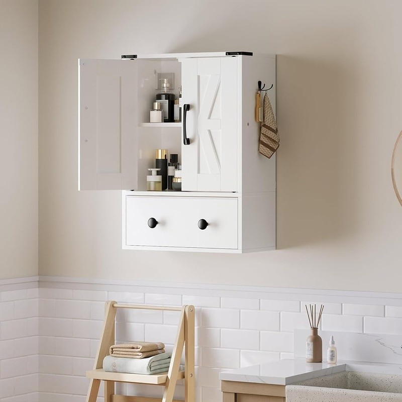 Wall Mounted Bathroom Storage Cabinet Adjustable Shelf Rustic Double Door Drawer