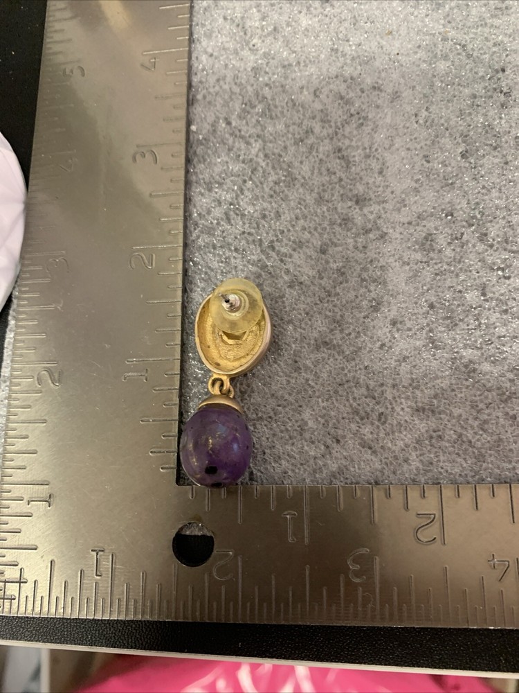 Purple Drop Dangle Pierced Earrings Gold Tone