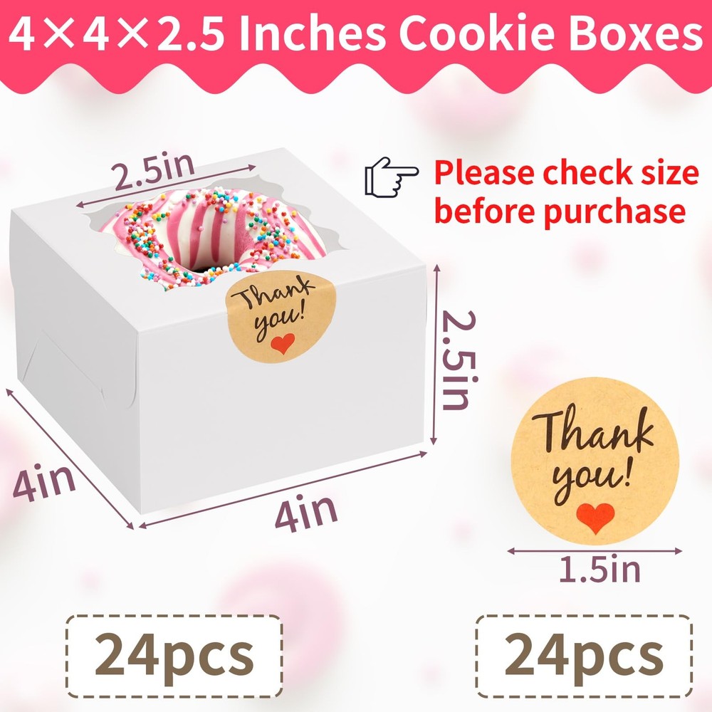 24pcs White Cookie Boxes, 4x4x2.5 Inches Bakery Boxes with Window, for Mini C...