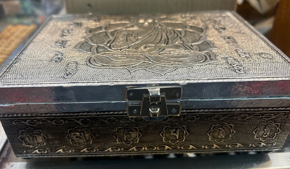 Silver colored Lined tarot card box with Buddha On It