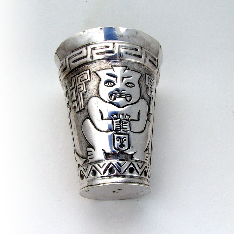 Peruvian Silver Large Beaker Shots Set Repousse Patterns 1930